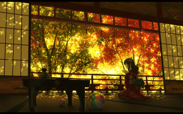 Artistic oriental HD desktop wallpaper featuring a serene room with a grand piano, traditional decor, and vibrant autumn foliage visible through large windows.
