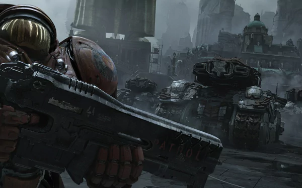 HD PC desktop wallpaper from the video game StarCraft II: Heart of the Swarm, depicting a heavily armed soldier in a dark, futuristic cityscape with armored vehicles.