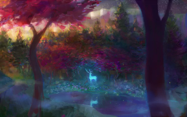 A magical forest scene featuring a ethereal white deer amidst vibrant foliage and tranquil waters, embodying a fantasy spirit. This HD wallpaper invites serene reflection.