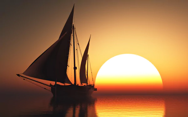 A yacht with sails glides on the calm ocean at sunset, the sun low over the sea, captured in stunning 4K Ultra HD as a serene sailing scene.
