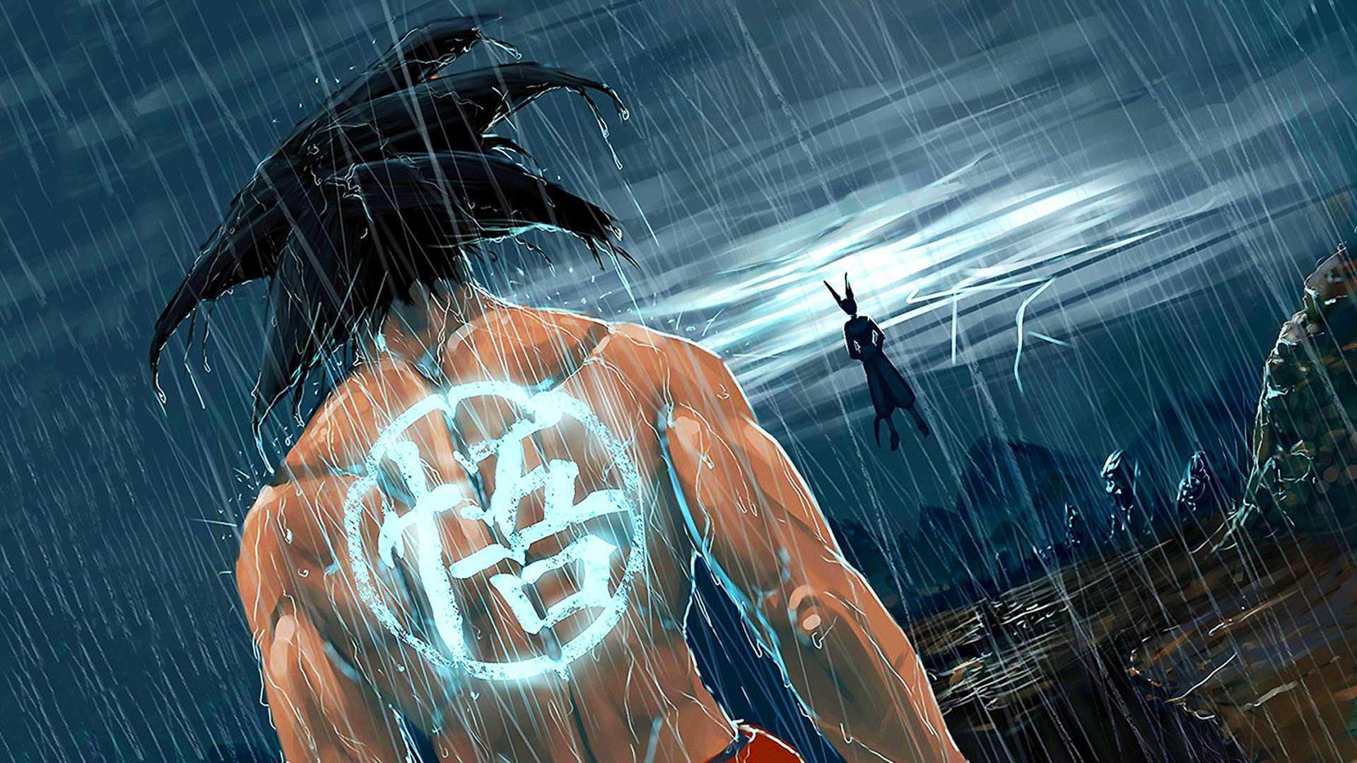 Super Saiyan God Goku battles Beerus amidst rain and lightning, with black hair and a tattoo.