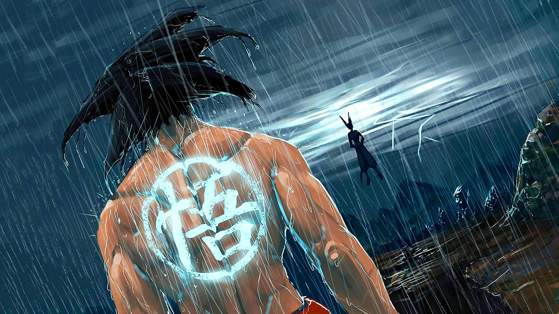 HD wallpaper of Goku in Super Saiyan God form, with a glowing tattoo, facing Beerus under a lightning-lit rainy sky, from Dragon Ball Super.