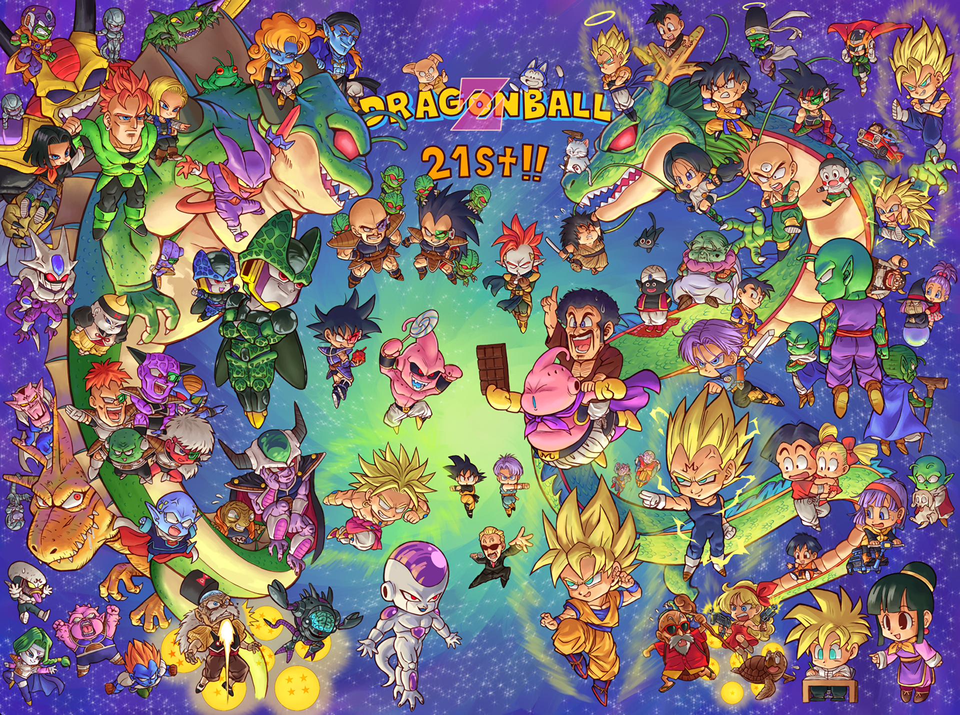 A vibrant HD desktop wallpaper featuring iconic characters from Dragon Ball Z surrounded by dynamic action and colorful backgrounds, capturing the essence of the beloved anime series.