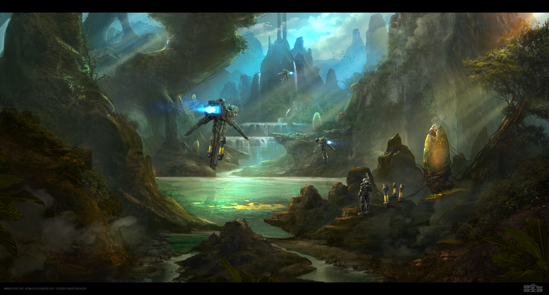 HD PC desktop wallpaper depicting a sci-fi landscape with futuristic structures, lush greenery, and glowing blue lights under a misty sky.