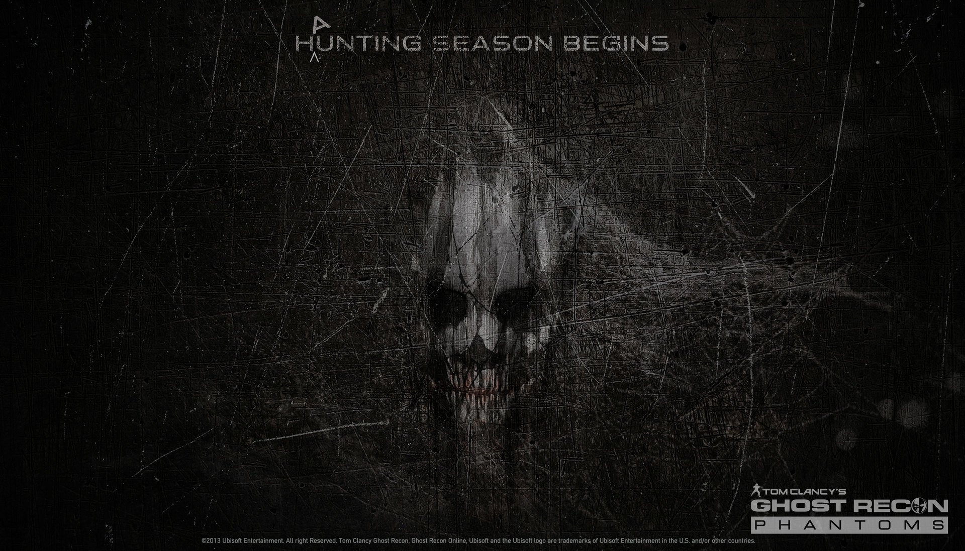 Dark, eerie HD PC desktop wallpaper featuring the skull mask from Tom Clancy's Ghost Recon Phantoms with the text Hunting Season Begins.