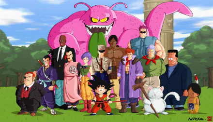 A vibrant HD desktop wallpaper featuring Tao Pai Pai and Goku among a diverse cast of characters from the Dragon Ball anime, set against a lush background.