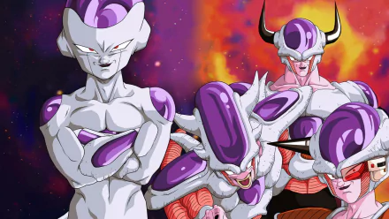 HD wallpaper featuring Frieza in various forms from Dragon Ball Z, set against a cosmic starry background.