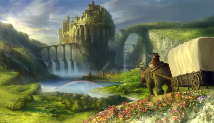 A breathtaking fantasy landscape featuring a majestic city atop a rocky cliff, a shimmering river, and vibrant flowers, with a traveler on a bear beside a covered wagon. HD wallpaper.