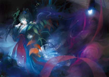 An HD PC desktop wallpaper featuring Luo Tianyi, an anime Vocaloid character with green short hair and blue eyes, surrounded by vibrant colors and ethereal elements.