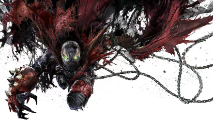 An HD desktop wallpaper featuring Spawn, the iconic comic character, surrounded by dynamic splashes of color and intricate details, capturing his intense and dramatic essence.