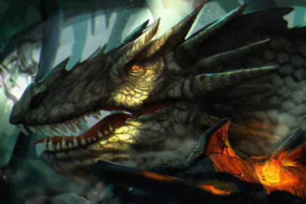 A detailed 4K Ultra HD fantasy wallpaper featuring a fierce dragon with glowing eyes and textured scales, set against a dark, mystical background.