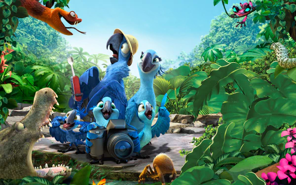 Rio 2 movie wallpaper: Blu, Jewel and their blue macaw family in a vibrant jungle — 2K Quad HD PC desktop background.