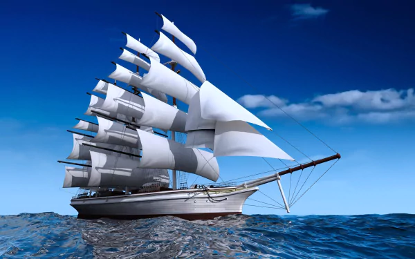 A majestic sailing ship with numerous white sails navigates the vibrant blue ocean under a clear sky, creating a stunning HD wallpaper for sea enthusiasts.