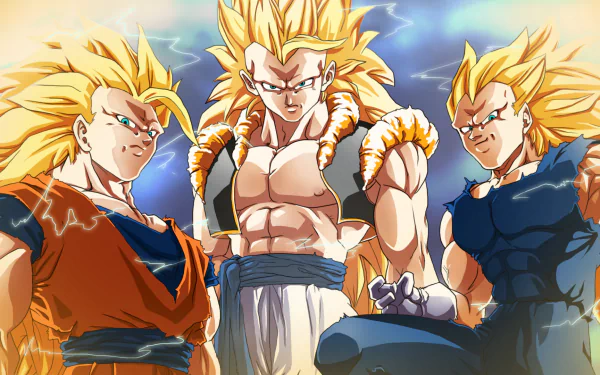 HD desktop wallpaper featuring Vegeta, Gogeta, and Goku in Super Saiyan 3 form from Dragon Ball Z, standing powerfully against a cloudy sky.