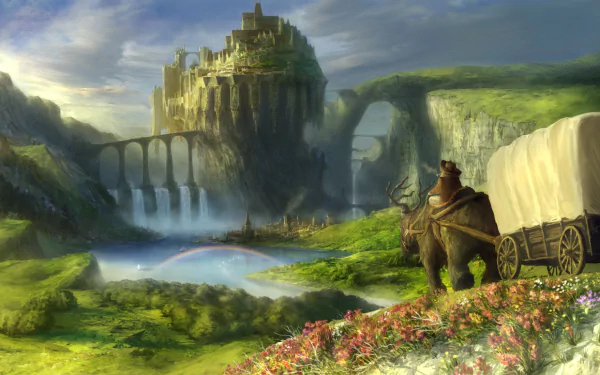 A breathtaking fantasy landscape featuring a majestic city atop a rocky cliff, a shimmering river, and vibrant flowers, with a traveler on a bear beside a covered wagon. HD wallpaper.