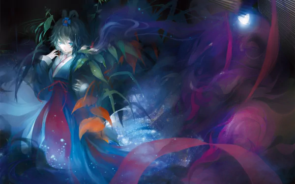 An HD PC desktop wallpaper featuring Luo Tianyi, an anime Vocaloid character with green short hair and blue eyes, surrounded by vibrant colors and ethereal elements.