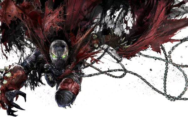 An HD desktop wallpaper featuring Spawn, the iconic comic character, surrounded by dynamic splashes of color and intricate details, capturing his intense and dramatic essence.