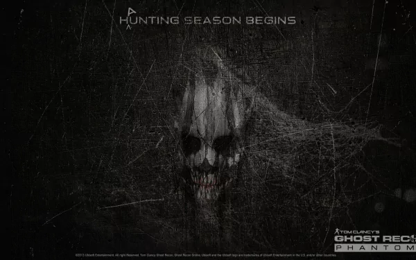 Dark, eerie HD PC desktop wallpaper featuring the skull mask from Tom Clancy's Ghost Recon Phantoms with the text Hunting Season Begins.
