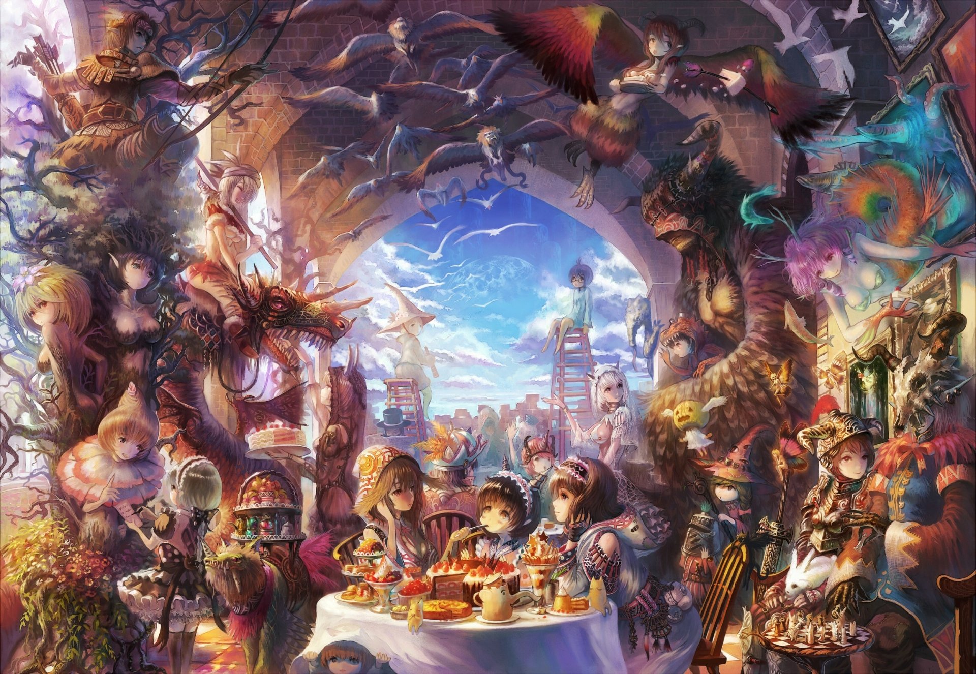 HD fantasy anime original desktop wallpaper depicting a vibrant, surreal scene with characters gathered around a table under a mystical archway in a colorful, imaginative world.