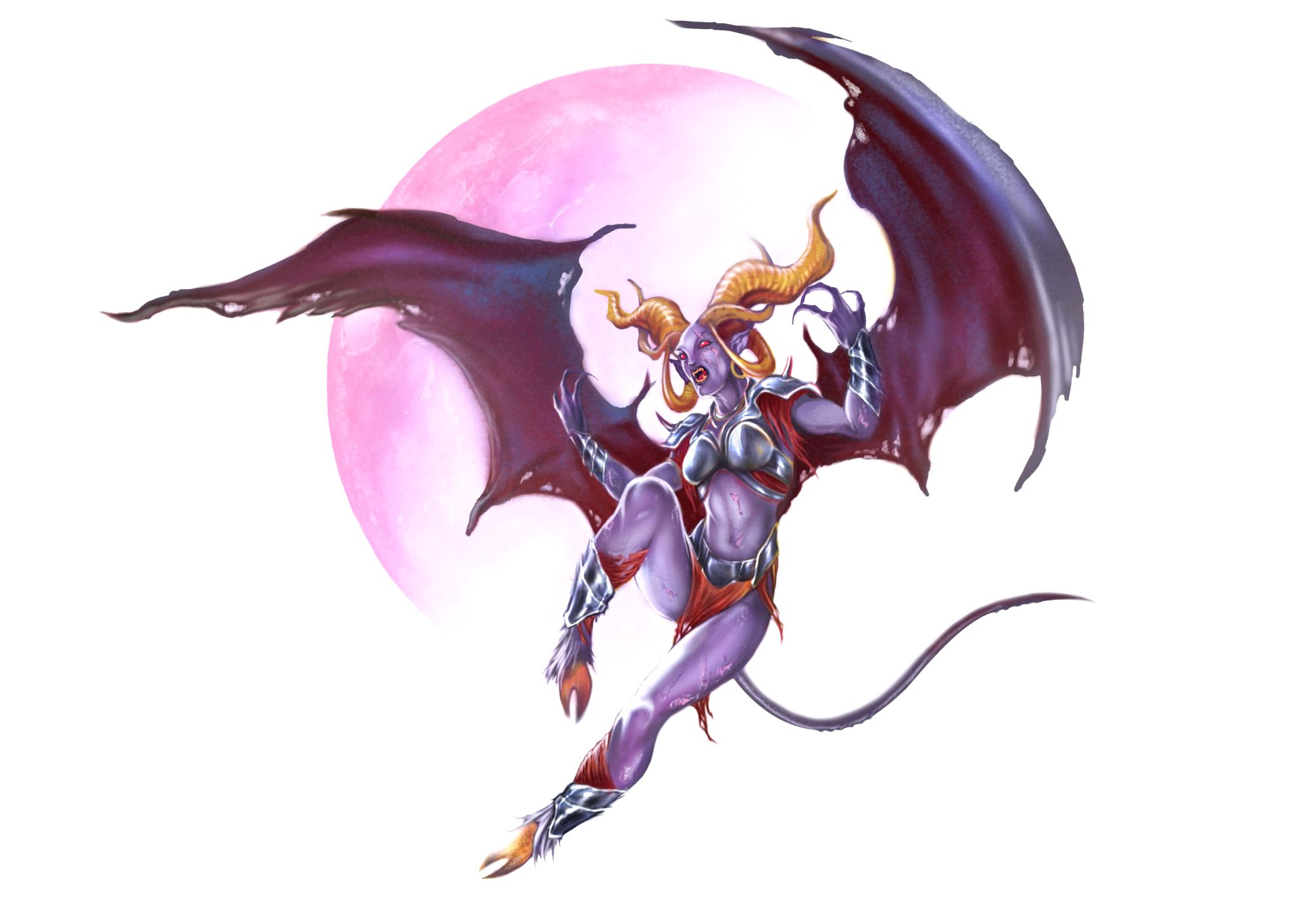 2K Quad HD PC desktop wallpaper and background: fantasy demon with curved horns, bat wings and tail, armored purple skin, hovering before a glowing full moon.