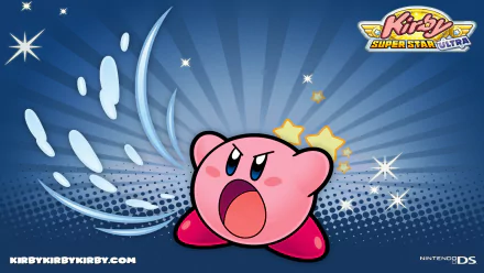 HD PC desktop wallpaper featuring Kirby from the video game Kirby Super Star Ultra, showcasing Kirby in an action pose with a dynamic blue background and stars.