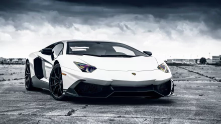 A sleek white Lamborghini Aventador LP 720-4 50º Anniversario showcased against a dramatic sky, creating a stunning HD desktop wallpaper and background.