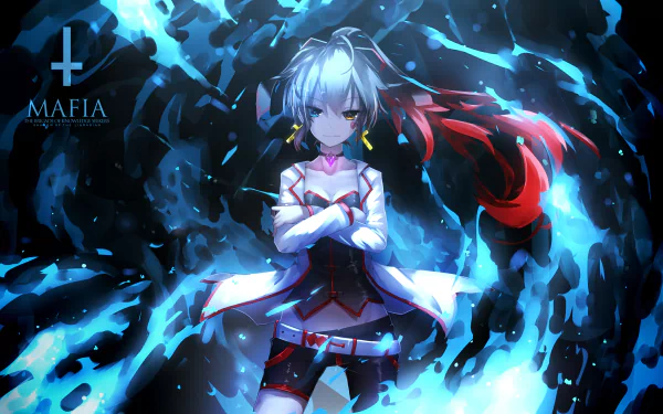 HD desktop wallpaper featuring an Anime character from Pixiv Fantasia T. The character stands confidently with arms crossed, surrounded by swirling blue and black energy.