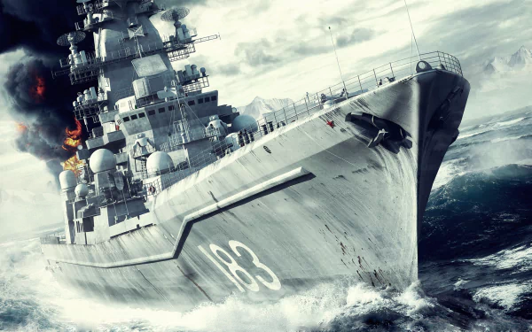 Russian battlecruiser Pyotr Velikiy battleship 183 cuts through ocean waves, trailing smoke and fire, captured in a dramatic 4K Ultra HD military warship scene.