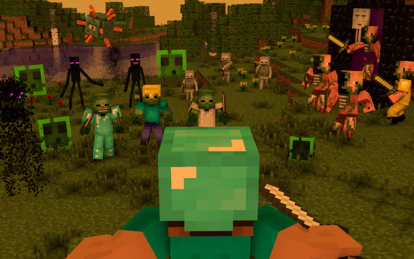 Minecraft HD wallpaper featuring Steve in battle with Enderman, Zombie Pigman, Creeper, and other mobs near a Nether portal.