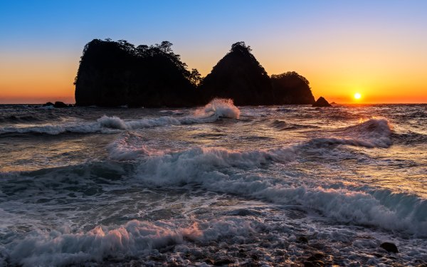 Earth Wave Boulder Sunset Sea Nishi Izu Shizuoka Prefecture Japan HD Wallpaper | Background Image