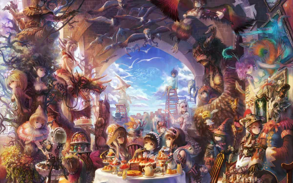 HD fantasy anime original desktop wallpaper depicting a vibrant, surreal scene with characters gathered around a table under a mystical archway in a colorful, imaginative world.