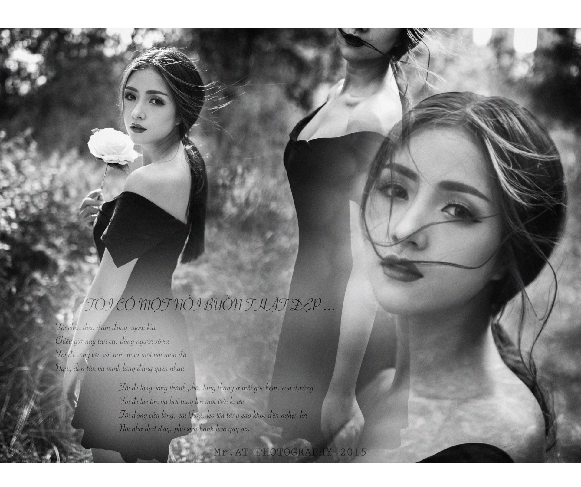 Black and white HD wallpaper featuring Vietnamese model Mai Ánh Quyên with flowers and an artistic quote, blending elegance and Asian beauty.