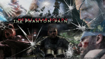 HD PC desktop wallpaper featuring intense scenes and characters from the video game Metal Gear Solid V: The Phantom Pain, with cracked glass effects overlaying the design.