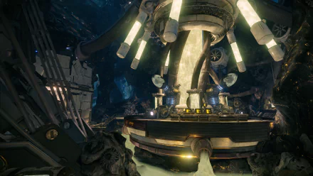 HD PC desktop wallpaper from the video game Warframe, featuring a futuristic, illuminated structure inside a dark, cavernous environment.