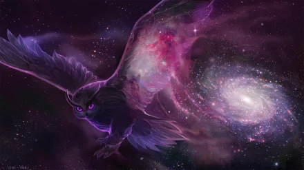 HD desktop wallpaper of a mystical owl soaring through a star-filled galaxy, blending seamlessly with the vibrant cosmic background.
