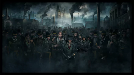 HD desktop wallpaper featuring Evie Frye and Jacob Frye from the video game Assassin's Creed: Syndicate, with an atmospheric, smoky backdrop of industrial-era London.