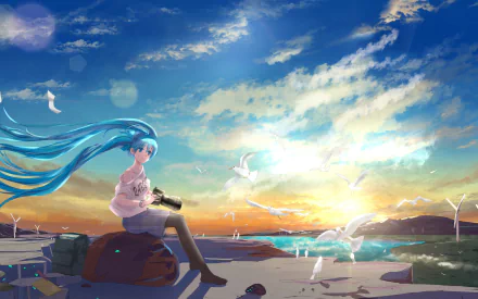 A vibrant HD wallpaper featuring Hatsune Miku, a blue-haired anime character with blue eyes, sitting by a serene lake at sunset, capturing birds in flight against a stunning sky.