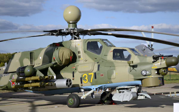 4K Ultra HD PC desktop background of a Mil Mi-28 military aircraft helicopter on the tarmac, camouflaged attack helicopter with visible rotor, weapons and cockpit.