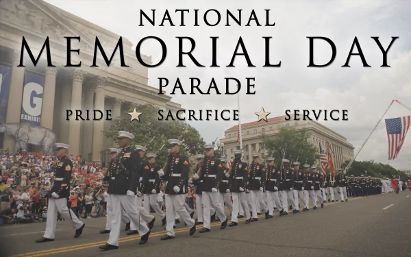 Memorial Day holiday 2K Quad HD PC desktop background: uniformed servicemembers marching in a National Memorial Day parade past crowds, flags and classical buildings.