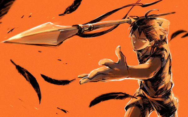 Anime character from Haikyū!! holding a lance against an orange background with black feathers. This HD desktop wallpaper and background provides a dynamic and vivid scene.
