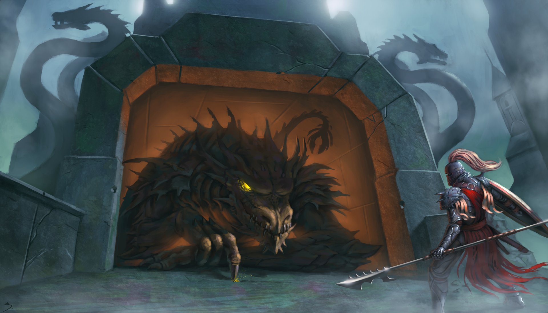 A fantasy scene of a fierce dragon resting inside a stone lair, facing a warrior in armor, rendered in detailed 4K Ultra HD for a PC desktop wallpaper.