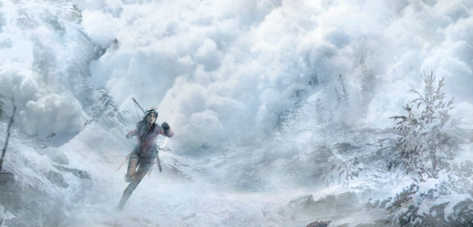 HD wallpaper of Lara Croft escaping an avalanche in the game 'Rise of the Tomb Raider,' portraying a snowy mountain landscape.