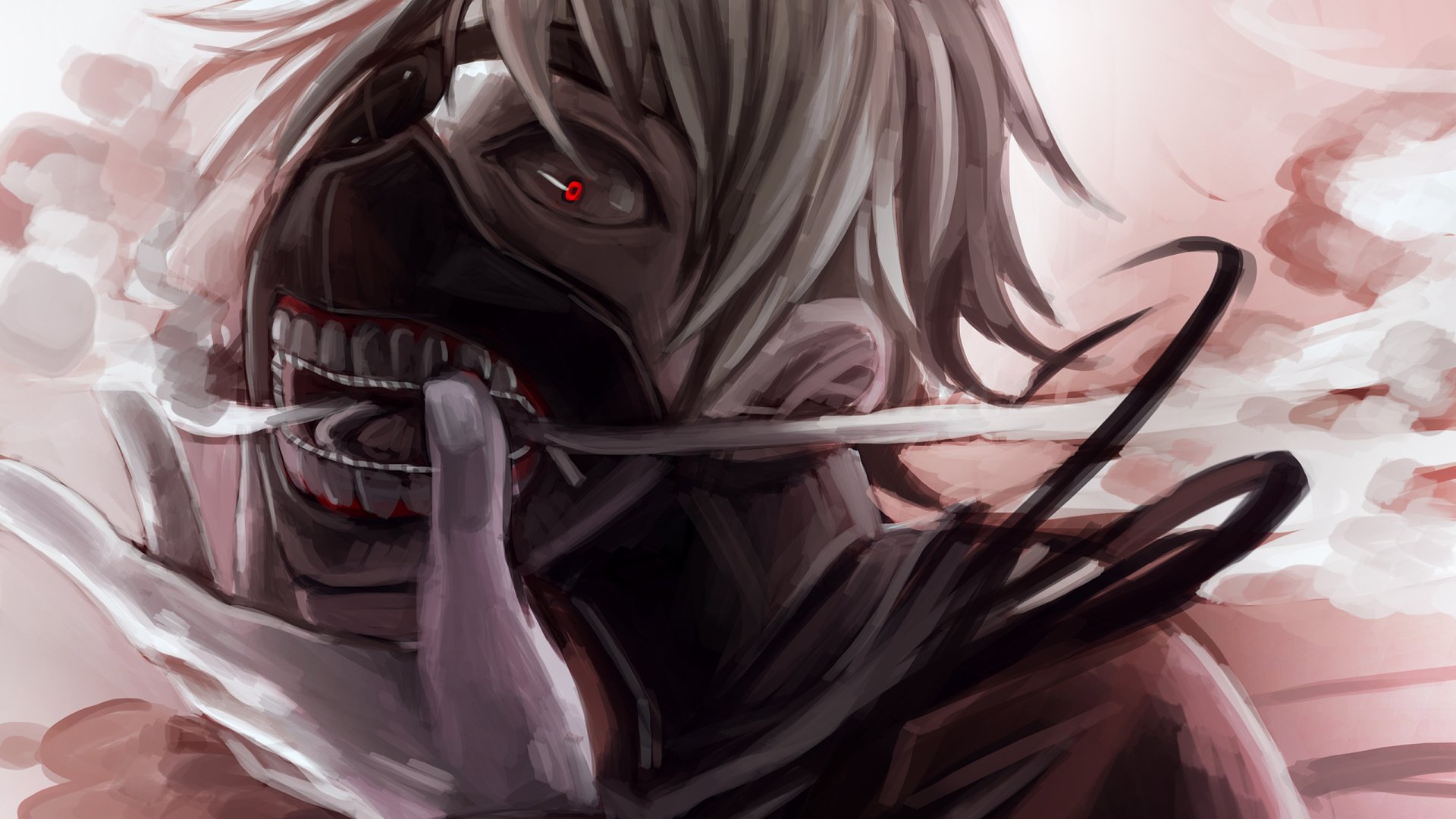 High-definition wallpaper featuring Ken Kaneki from the anime Tokyo Ghoul, showcasing his intense expression and distinctive mask. A captivating background for fans of the series.