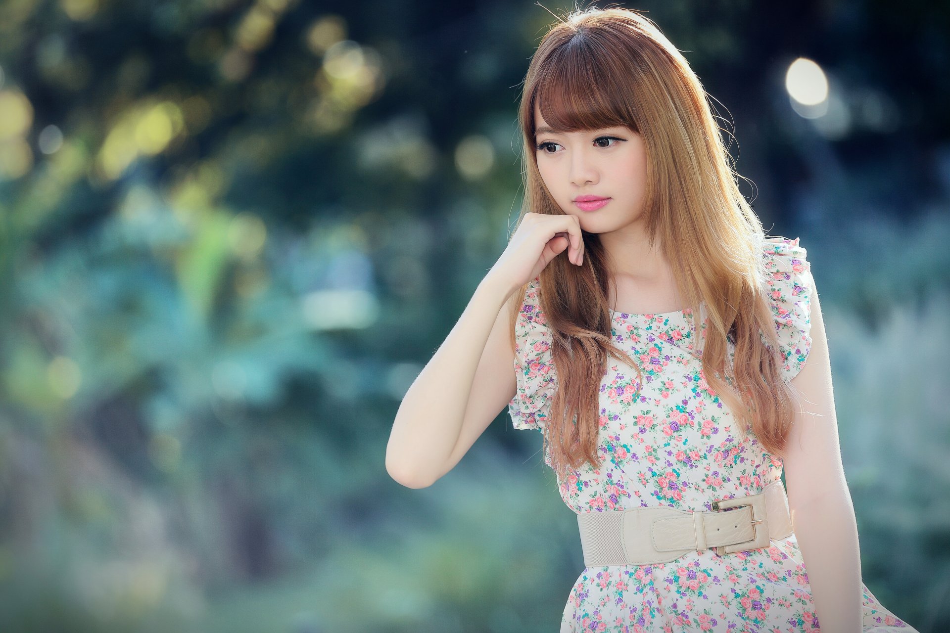Portrait of a Taiwanese Asian woman in a floral dress with a belt, set against a soft bokeh background, captured in 4K Ultra HD for PC desktop wallpaper.