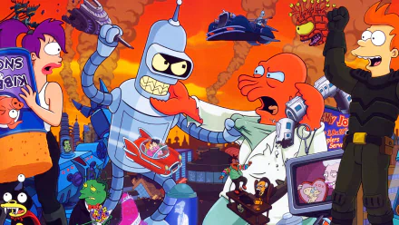 HD PC desktop wallpaper featuring Futurama characters in a vibrant, action-packed scene from the video game universe of the series.