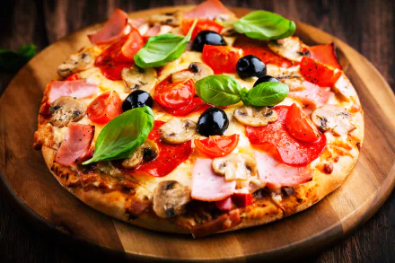 Delicious pizza topped with fresh vegetables and herbs, served on a wooden board. Perfect desktop wallpaper for food lovers, showcasing a vibrant meal.