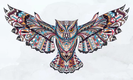 HD desktop wallpaper featuring a beautifully detailed, multicolored owl illustration with wings spread wide.