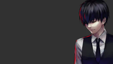 HD desktop wallpaper featuring Ken Kaneki from Tokyo Ghoul, showcasing his black hair and a pensive expression against a dark background.