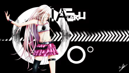 Vibrant HD wallpaper featuring IA, a blonde-haired Vocaloid character, styled in an eye-catching outfit with dynamic graphic elements in a sleek black background.
