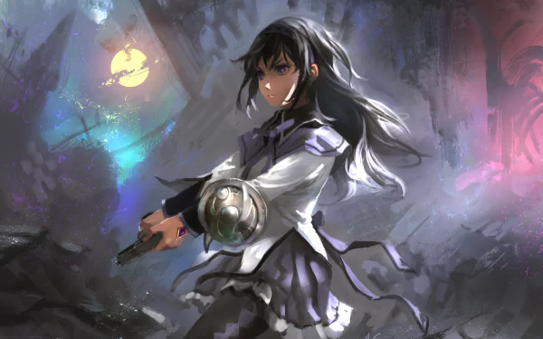 Homura Akemi from Puella Magi Madoka Magica stands poised with a handgun, dressed in a skirt and thigh highs, against a dark, colorful background, creating a striking anime wallpaper.